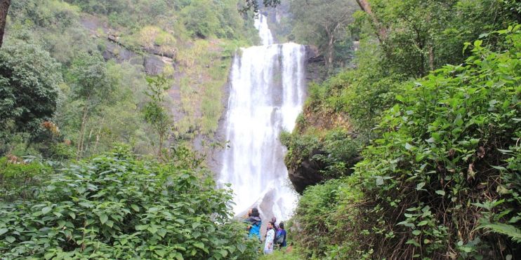 A group of hikers ascending a hillside trail, heading towards a majestic waterfall in the distance.