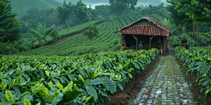 A small hut nestled in a tea plantation, surrounded by lush greenery and a cascading waterfall in the background.