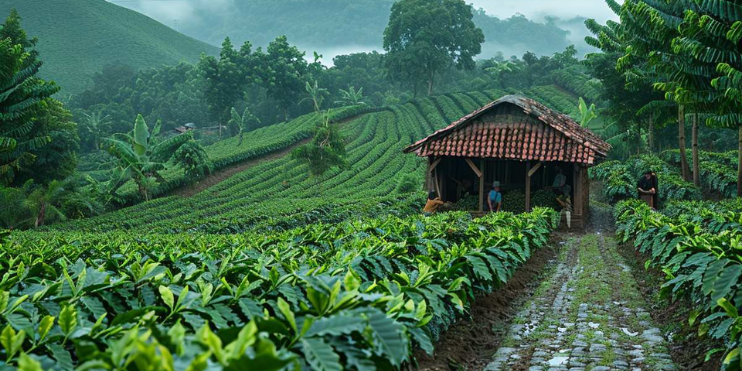 A small hut surrounded by vibrant green tea plants in the scenic Chikmagalur region, known for its coffee plantations.