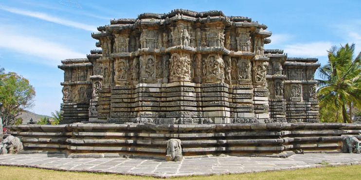 Stone Kedareshwara Temple showcases intricate carvings, reflecting Hoysala artistry and dedicated to Lord Shiva.