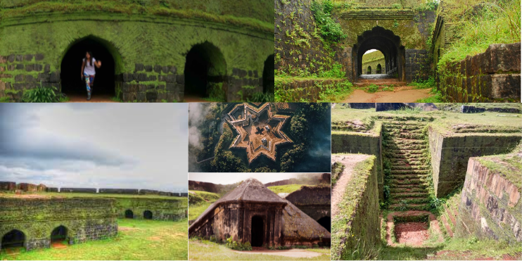 A historical view of Manjarabad Fort, showcasing its unique star-shaped design and lush surroundings in Kerala.