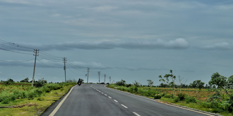 A long, empty road lined with power lines and trees, evoking a sense of solitude and tranquility in nature.