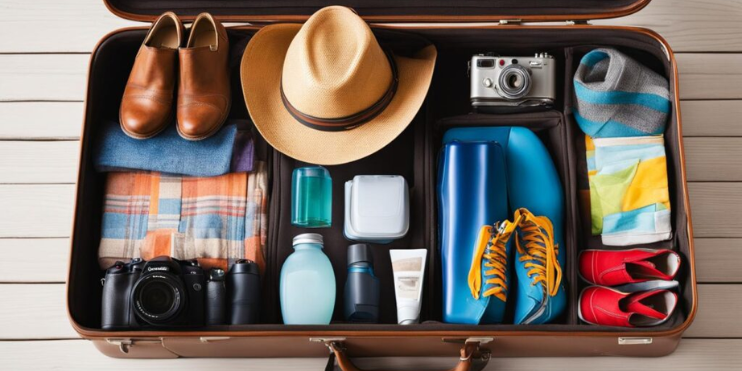 An open suitcase filled with travel essentials, including clothing, a camera, and a power bank, ready for adventure.