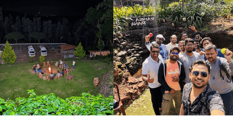 A group of people stands in front of a spacious and cozy family-friendly resort in Chikmagalur, surrounded by greenery.