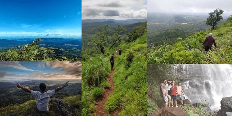 Four images of hikers exploring scenic mountain trails, showcasing the beauty of nature and adventure in Chikmagalur.