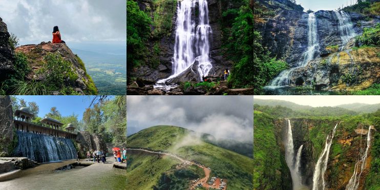 Four images showcasing stunning waterfalls and majestic mountains, highlighting the natural beauty of Kemmanagundi.