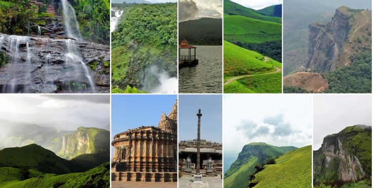 A collage showcasing various stunning landscapes, highlighting the beauty of Karnataka's hill stations.