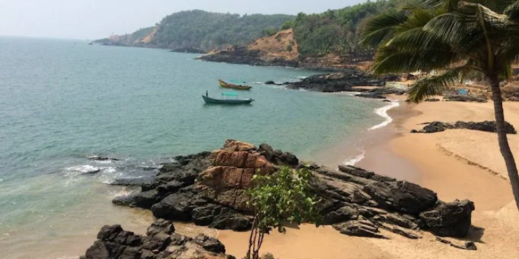 A serene Gokarna Beach scene featuring boats on the shore and palm trees swaying in the gentle breeze.