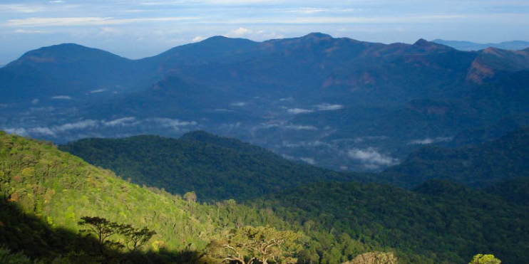 A panoramic view from the top of a mountain in Malaysia, showcasing lush greenery and distant hills under a clear blue sky.