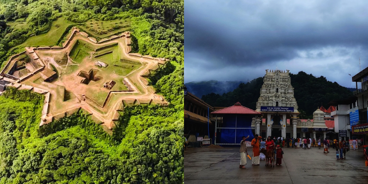 The image shows two views of a temple set against a mountain backdrop, highlighting the area's natural beauty and cultural significance.
