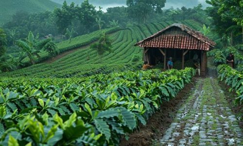 A small hut nestled in a tea plantation, surrounded by lush greenery and a cascading waterfall in the background.