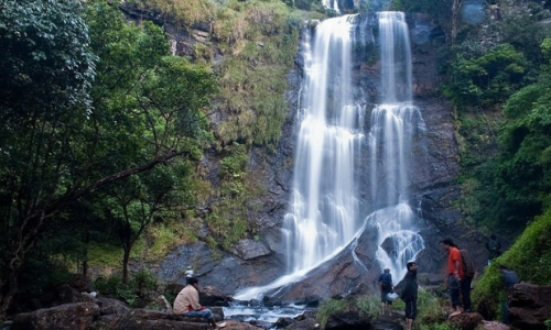 A group of people stands near a stunning waterfall in a lush jungle, enjoying the natural beauty of Hebbe Falls.